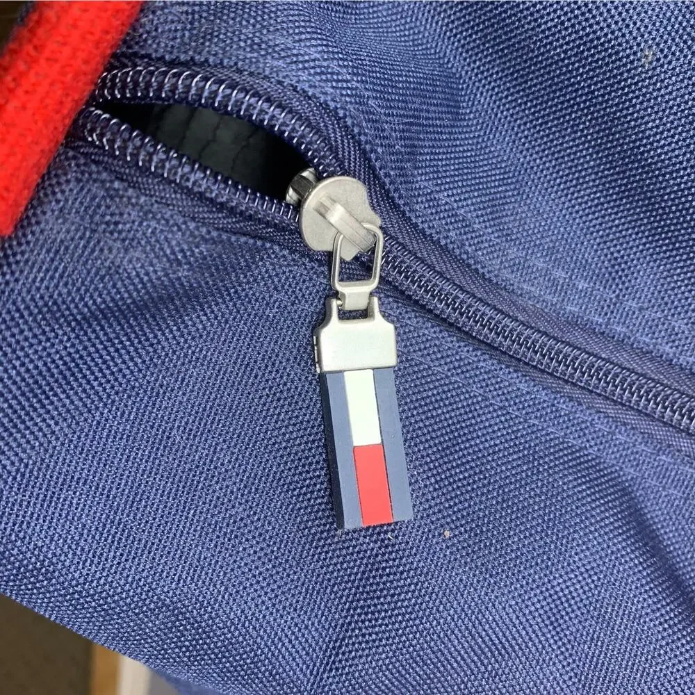 Vintage Tommy Hilfiger Navy Red Nylon Duffle Bag Spellout 90s Y2K Gym Weekender